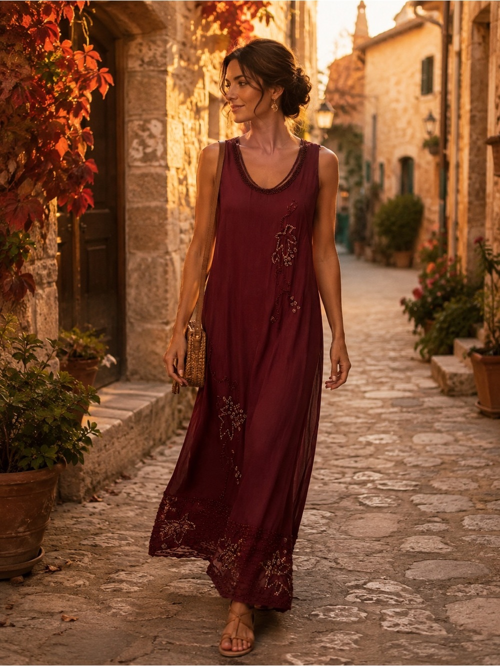 April Cornell Burgundy Beaded Rayon Midi Dress Lined Sleeveless Women’s S Boho